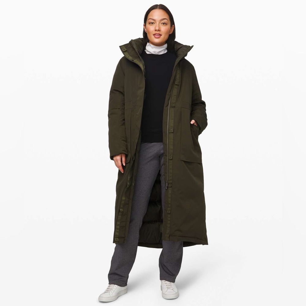 NWT Lululemon Winter Warrior Long Parka Dark Olive Size 8